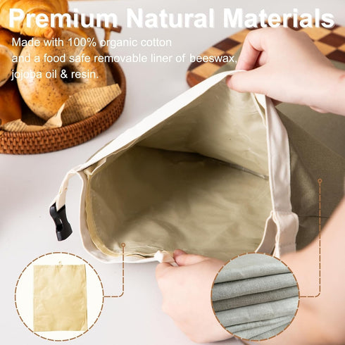 SGKXU 2 Pack Reusable Beeswax Bread Bags for Homemade Sourdough - XL Removable Cotton Linen Sourdough Storage Bags