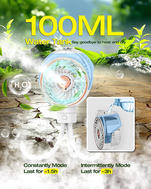 100ml Ausic Misting Baby Stroller Fan, Portable Misting Fan for Outdoors - Detachable Tripod, Safe Clip On Fans