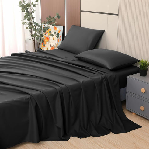 Toodou Soft Brushed Microfiber Black Twin Size Fitted Sheet, Comfortable and Durable Mattress Cover