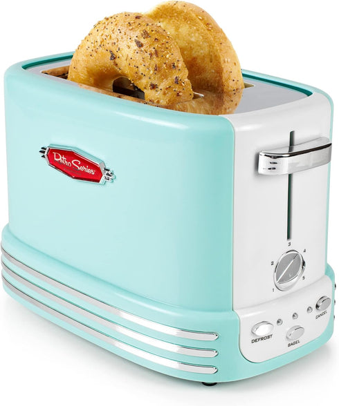 Nostalgia New and Improved 2-Slice Toaster - Aqua, Perfect for Bread, English Muffins, Bagels, 5 Browning Levels, Crumb