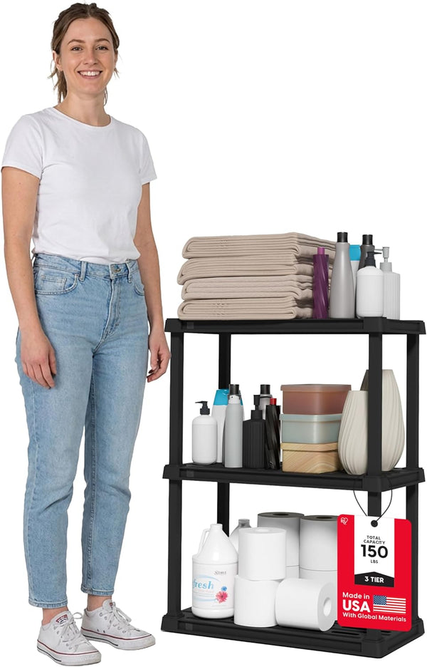 IRIS USA 3-Shelf Light Duty Plastic Storage Shelves, 150lb Capacity, 33" H
