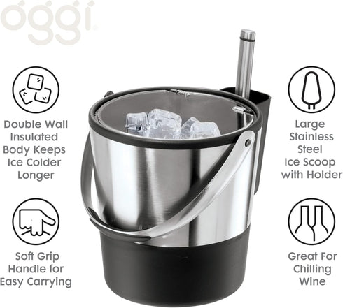 Oggi Insulated Ice Bucket, 4 Quart / 3.8 L, Black Stainless Steel