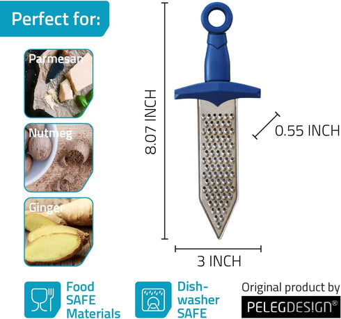 PELEG DESIGN Gratiator Small Cheese Grater Stainless Steel Sword-Shaped Utensil with Royal Blue Handle