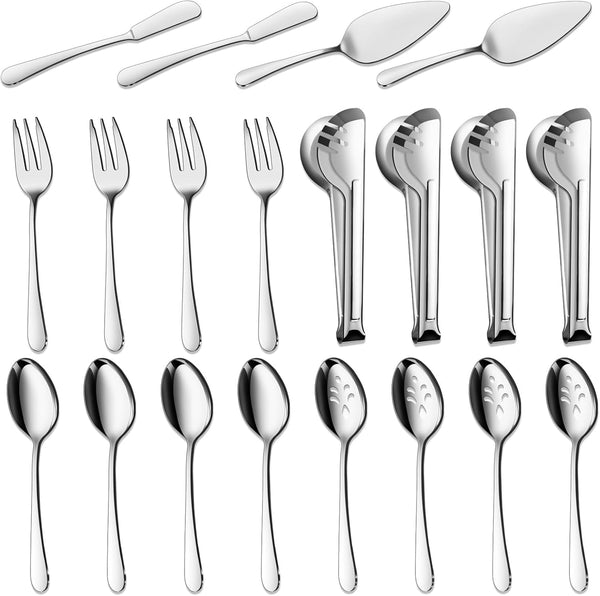 BEWOS 20-Piece Large Serving Utensil Set, Includes Spoons, Tongs, Forks, Cake Server, Stainless Steel, Dishwasher Safe