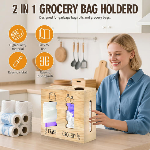 CMXZSAM 2 1 in Trash Bag Dispenser and Grocery Bag Holder, Large Wooden Plastic Bag Holder, Wall Mount Trash Bags