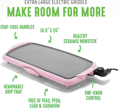 GreenLife 20” Extra Large Electric Skillet, Non-Toxic PFAS & PFOA-Free Ceramic Nonstick, Easy Clean, Pink
