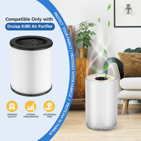 KJ80 Replacement Filter Compatible with Druiap KJ80 Air Purifier, 360° Rotating 3-in-1 Filter of H13 True HEPA Filter, Activated Carbon and Pre-filter, 2 Pack(Not for KJ150 & Happi KJ80)