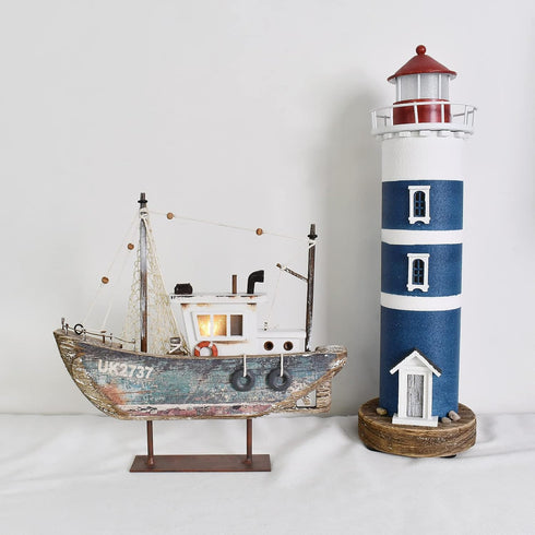 Sailboat Aecipl Nautical Decor Wood Model with LED Light - Beach Themed Sailing Boat Ornament Wooden Coastal Tabletop