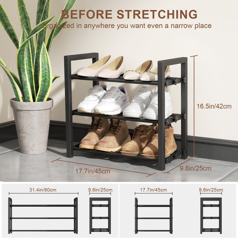 3-Tier Closet Expandable Shoe Rack, Adjustable Shoe Shelf Storage Organizer Heavy Duty Metal Free Standing Shoe Rack
