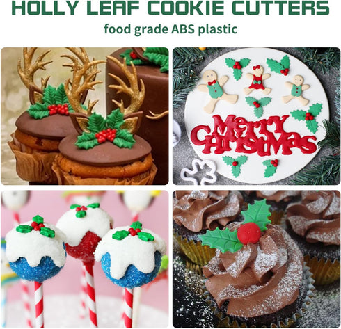 KALAIEN 3pcs Holly Leaf Plunger Cutter Fondant Baking Tools for Cake Cookie Sugarcraft Decorating
