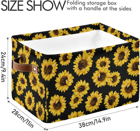 senya Large Foldable Storage Basket, Black Fabric Organizer Bag with Sunflowers and Handles 15 x 11 x 9.5 inch