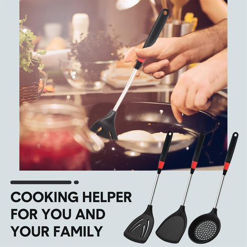 3 Pieces Silicone Stainless Steel Turner Spatula Set, Flexible Wok Spatula, Slotted Spoon for Nonstick Cooking