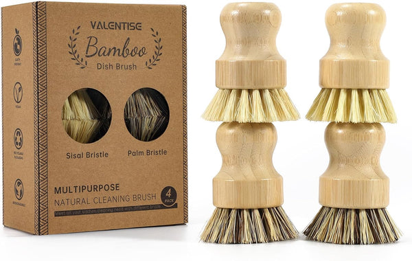 4 Pack Bamboo Dish Brush Set, Natural Palm Dish Scrubber for Pots