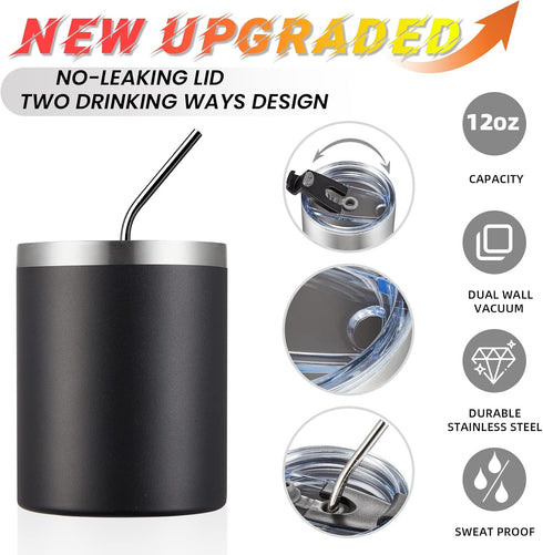 MEWAY 12 oz Lowball Tumbler, Stainless Steel Double Wall Vacuum Insulated Mug with Straw and Lid, Black