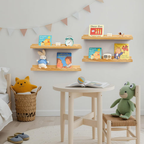 Set 4 Decor(Natural,40cm) Scalloped Baby Book Shelf,Floating Shelves for Wall of Natural Solid Pine Wood Nursery