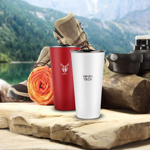 Swiss+Tech 16oz Stainless Steel Cups, 2 Pack Double Wall Pint Glasses, Insulated Tumbler with Lid (Red&White)