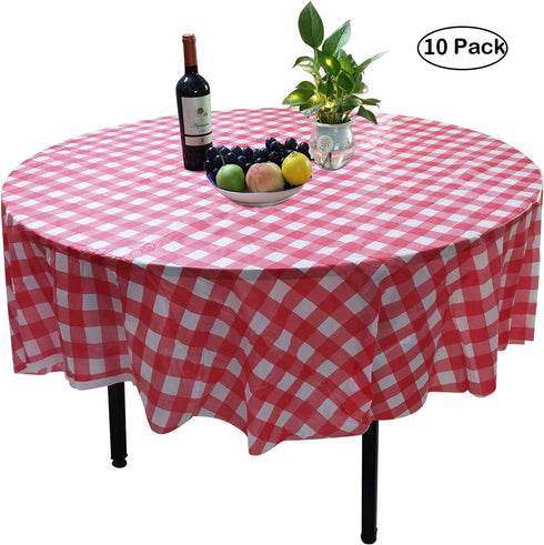 10 Pack Round Plastic Checkered BBQ Tablecloth, Red & White Gingham Table Covers for Plastic Picnic (Round 84 inch)