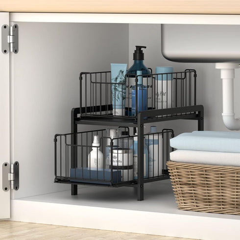 NPPLUS 2-Tier Under Sink Organizer - Iron Cabinet Organizers with Sliding Drawer for Bathroom Kitchen Desktop (Black)