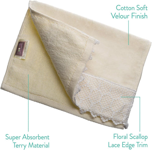 Creative Scents Fingertip Towels Set of 4 for Bathroom (11x18 inches), Soft Velour Finish, Gorgeous Lace Trim, 100%