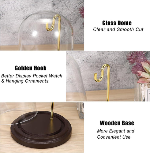JUXYES Clear Watch Glass Display Dome Cloche With Hook, Dome Cloche with Hook with Wooden Base, Transparent Dome Cloche