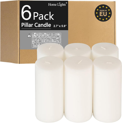 HomeLights Pillar Candles - 2.7x6 inch | 60 Hours Burning, 6 Count - White Unscented Smokeless Candles for Events