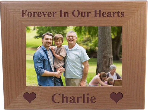 CustomGiftsNow Forever in Our Hearts Memorial, Engraved Alder Wood Picture Frame Holds 4-inch x 6-inch Photo