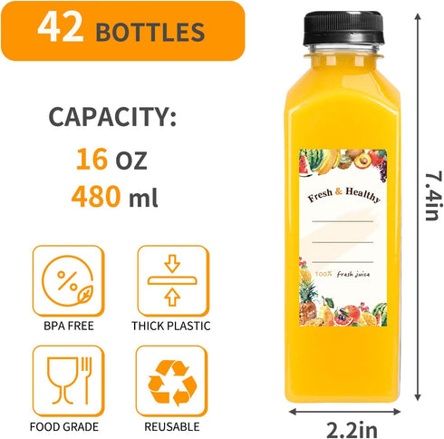 42pcs 16oz Moretoes Plastic Juice Bottles with Caps, Reusable Juicing Bottles with Lids, Clear Containers for Smoothies