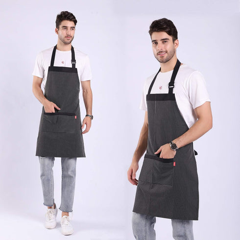 Aprons for Women and Men, Kitchen Chef Apron with 2 Pockets, Adjustable Bib Apron, Black/White Pinstripe
