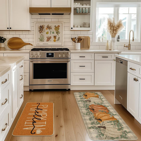 Artoid Mode Orange Buffalo Plaid Hello Pumpkin Fall Kitchen Mats Set of 2, Low-Profile Home Decor