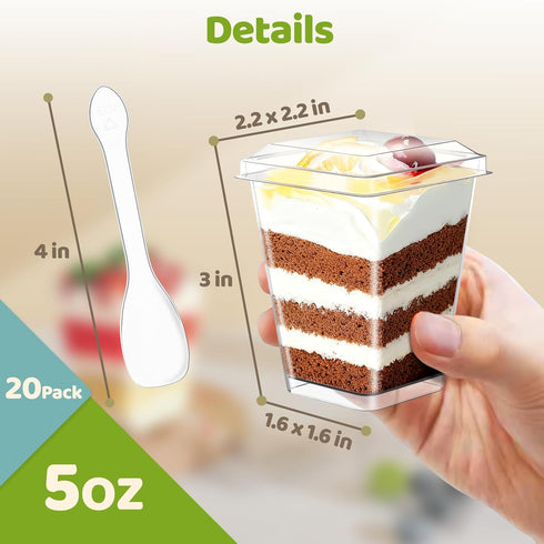 20 Pack 5 Oz TLAZZ Plastic Dessert Cups with Lids and Spoons, Yogurt Parfait Appetizer Cups for Party, Clear Mini