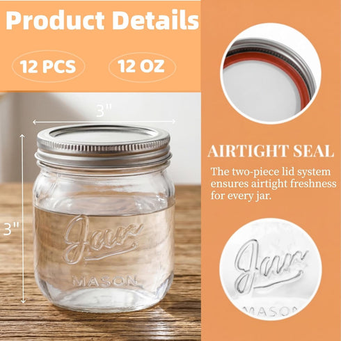 12 Pack 12 Oz Lyellfe Wide Mouth Mason Jars, Glass Canning Jars with Airtight Lids, Clear Mason Spice Jars for Jam