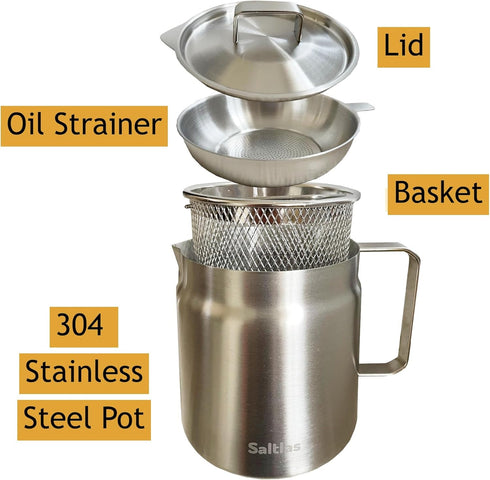Deep Fryer Pot with Basket and Oil Strainer, 304 Stainless Steel Deep Frying Pot for French Fries, Chicken, 2L (2Qt)