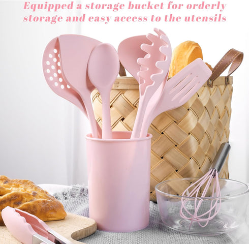 LOVEINUSA 10PCS Silicone Cooking Utensils Set, Heat Resistant Gadgets Tools for Nonstick Cookware, Dishwasher Safe Pink