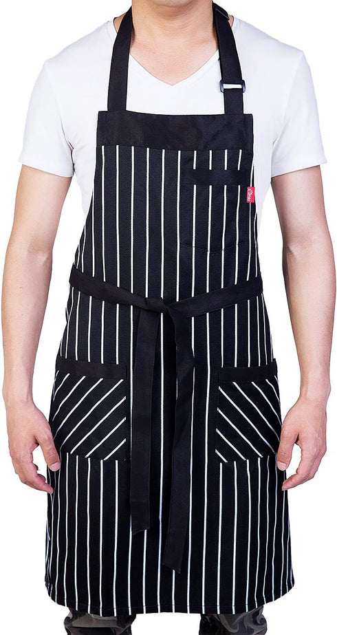 Aprons for Women and Men - Kitchen Chef Apron with 3 Pockets, Adjustable Bib Apron, 32" x 28" - Black/White