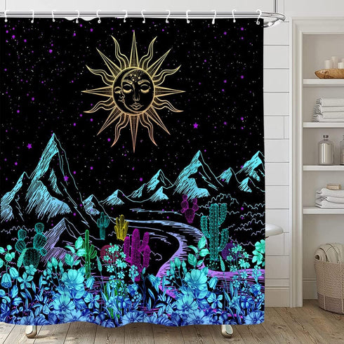 Abstract Mountain Shower Curtain Boho Sun Moon Landscape Night Star Celestial Colorful Flower Cactus Black Unique Modern Fashion Design Gothic Bathroom Bathtub Decor Curtains with Hooks 70x70 Inch by TENVSIN