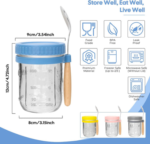 4-Pack 16 oz CycleMore Overnight Oats Containers with Airtight Lids, Colorful Lids & Spoons, Wide Mouth Mason Jars