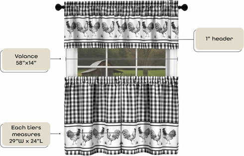 Light Filtering Printed Tier & Valance Window Curtain Set - 58 Inch Length, 24 Inch Width - Barnyard (Black), Machine