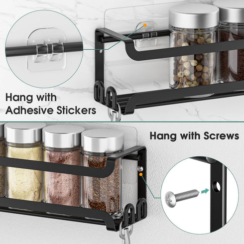 2 Pack 8 2 PACK) LUCYCAZ Wall Mounted Spice Rack with Hooks, Spice Organizer Shelf for Stove Cabinet Pantry Door,Screw