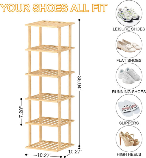 6-Tier Closet Bamboo Shoe Rack - Vertical Shoe Rack for Small Spaces, Tall Narrow Shoe Rack Organizer for Entryway