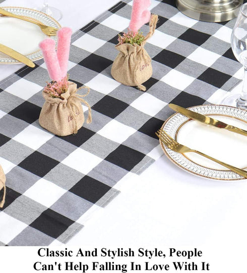 Partisout Buffalo Check Table Runner with Tassel, Washable Cotton Linen Gingham Table Cover, Checked Design