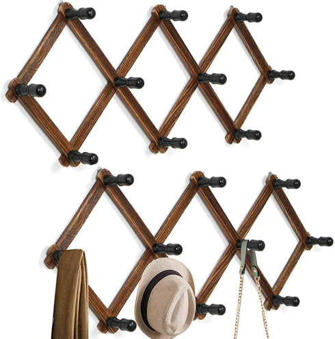 WGFKVAS 2 Pack Accordion Hat Rack for Wall, Expandable Wooden Coat Rack with 10 Peg Hooks for Hats and Coats