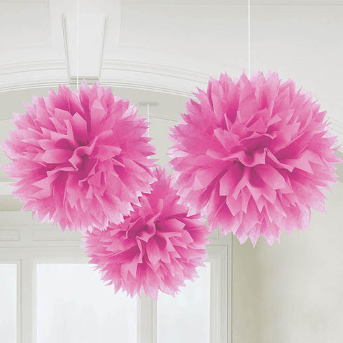 Amscan Fluffy Paper Decorations, 16", Bright Pink, 3 Pcs