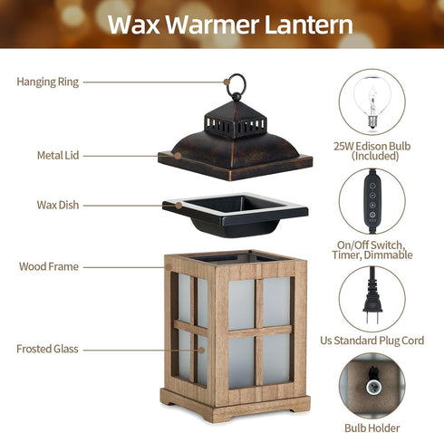 Decorative Candle Warmer Lantern with Timer, 2 in 1 Farmhouse Scented Wax Melt Warmer for Home Decor