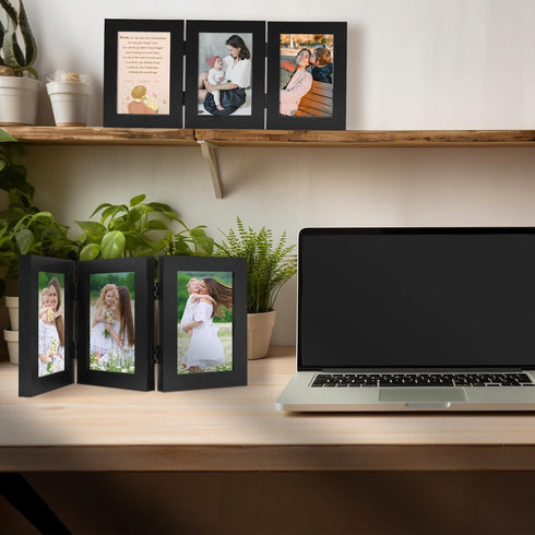 Golden State Art 4x6 Triple Picture Frame, Trifold Hinged Photo Frame with Real Glass for Desk Top Collage