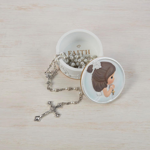 Precious Moments Rosary Box for Girls - First Communion Gift with Pearl-Look Rosary, Faith is The Light That Guides You