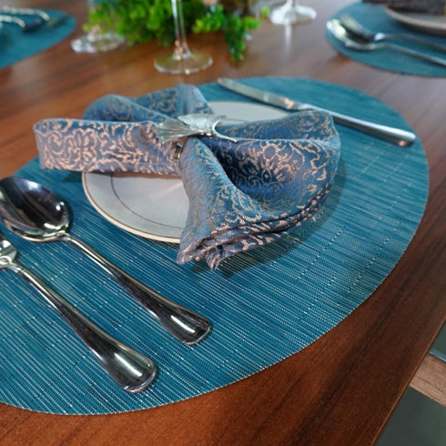 Red-A Imitation Bamboo Oval Woven Vinyl Placemats, Heat Resistant Washable Table Mats for Kitchen Table Set of 4, Blue