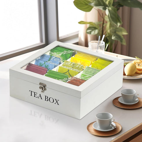 9 handrong Tea Box Organizer,Wood Tea Bag Holder Organizer,Modern Teas Bag Storage with Compartments and Glass Cover
