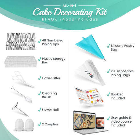RFAQK 74 PCs Cake Decorating Kit, Icing Piping Bags and Tips Set with 48-Numbered Tips, 20+1 Pastry Bags, Booklet