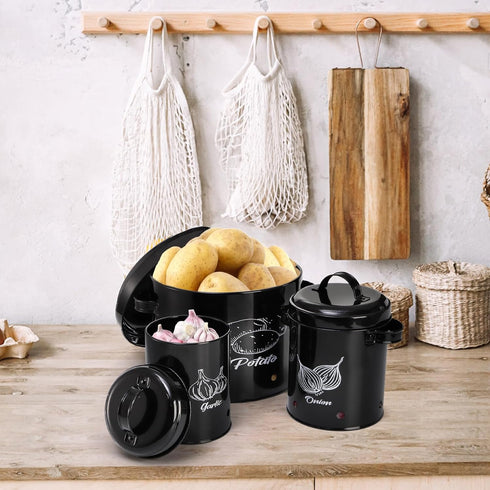 3 Pack Set, Frcctre Vegetable Storage Tins, Potato Onion Garlic Storage Canister Black Metal Kitchen Vegetable Keeper