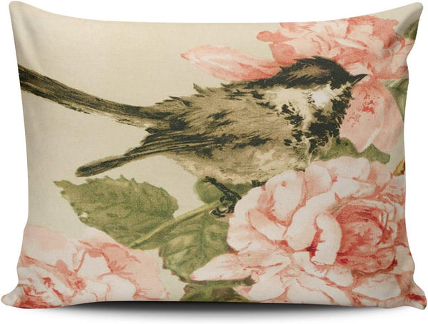 Vintage Decorative Pillowcases with Black White Bird and Blush Pink Roses, Customizable Cushion Rectangle 12x16 inch